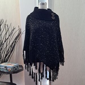 Elegant Black Poncho Sweater with Fringe and Button Detail